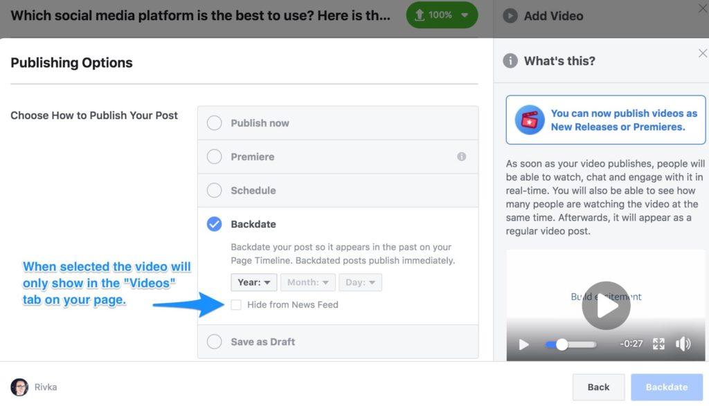 Facebook video publishing backdating