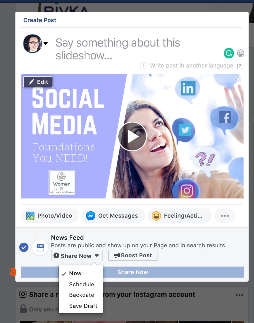 Facebook video publishing options