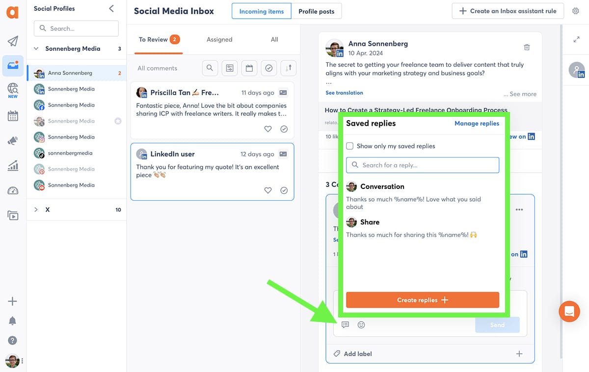 use saved replies in Agorapulse's inbox